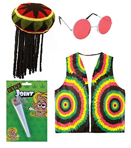 Mega_Jumble Unisex Reggae Rasta Jamaican Hat w/ Wig, Fake Spliff, Glasses & Vest - Caribbean RASTA RAGGAE JAMAICAN BOB MARLEY Adult Fancy Dress