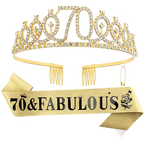 Casoty Gold 70th Birthday Decorations 70th Birthday Sash and Tiara for Women 70 & Fabulous Sash and Tiara Happy 70 Birthday Party Favor Supplies for Women