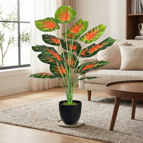 Image of Dekorly Artificial Palm Tree - Large Fake Tropical Floor Plant, Realistic Plastic Greenery for Indoor Home, Office, Living Room & Corner Decor (Green-RedLeaf)