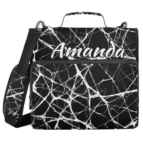 Image of Custom 3 Ring Zipper Binder Black Marble White Pattern Personalized Name 1.5 inch Binders Large Capacity Multi Pockets for School Office Supplies