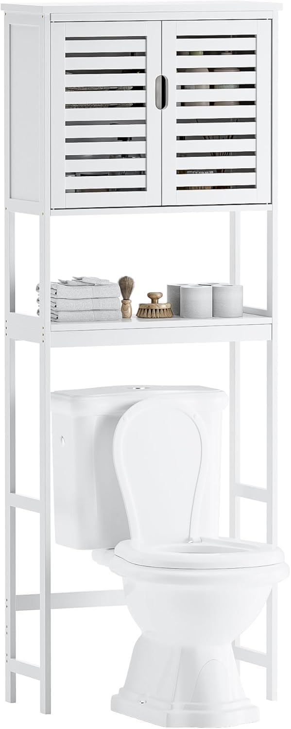 SMIBUY Bathroom Over The Toilet Storage Cabinet, 2 Door Bamboo Cabinet Organizer, Freestanding Space Saver Toilet Rack with Adjustable Inside Shelf and Open Shelf (White)