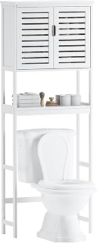 SMIBUY Bathroom Over The Toilet Storage Cabinet, 2 Door Bamboo Cabinet Organizer, Freestanding Space Saver Toilet Rack with Adjustable Inside Shelf and Open Shelf White