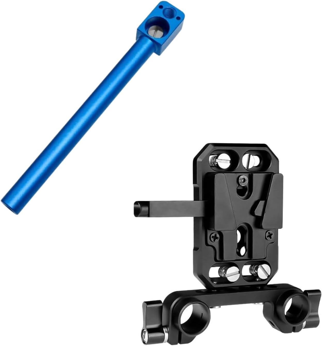 Alvin's Creativity Blue 15mm Rod Tube & V-Mount Battery Plate Bundle – 3/8" Mount Rail with Dual 15mm Rod Clamps V Lock Plate for Sony ARRI RED Camera Rig Power Supply
