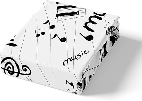 Miniatura 5 de Juego de sábanas bajeras con temática musical en blanco y negro para niños y niñas, juego de sábanas con patrón musical para adolescentes, discos de