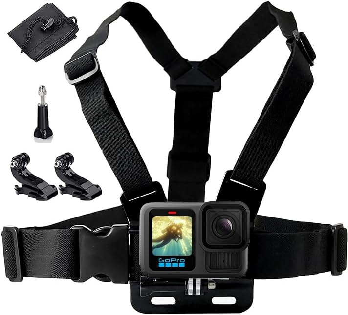 Waterproof Chest Mount, Harness, Strap, Compatible with Gopro Hero 13 12 11 10 9 8 7 6 5 4 3 / DJI, AKASO, Apeman, Apexcam & Most Action Cameras, Chest Strap +2 J-Hook, Thumbscrew & Storage Bag