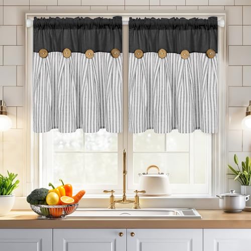 ASPMIZ Cotton Linen Window Treatment Tiers 24 Inch Boho Rustic Kitchen Curtains Farmhouse Black with Grey Stripe Half Window Curtain Country Short Rod Pocket Curtains for Small Window 2 Panels