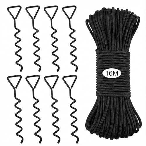 AMUSCHAT 8 Pack Heavy-Duty Spiral Ground Stakes + 16m(52.5ft) Nylon Rope, Steel Corkscrew Anchors for Outdoor Tie-Down, Secure Garden, Tents, Tarps & Pool Covers (Black)