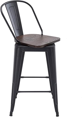 Miniatura 9 de Alunaune Juego de 4 taburetes de bar giratorios de metal de 24 pulgadas con respaldo alto, sillas de bar industriales con asiento de madera grande,