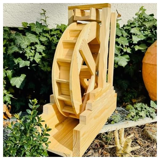 DARLUX Garten-Deko Holz Wasserrad XL mit Rinne I Wasserspiel I Wassermühle I Gartendekoration I Deko Kaskade I Höhe 59 cm Natur