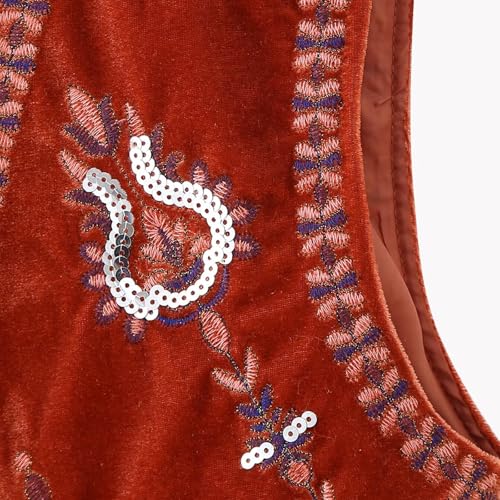 Damen-Weste, Vintage-Samt, ärmellos, Blumenstickerei, vorne offen, bauchfrei, Wester, Boho-Wester, Weste, Oberbekleidung, rot (a), M