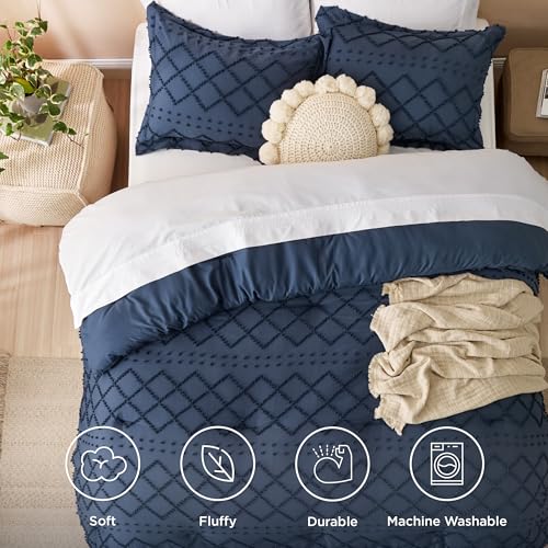 Image of Bedsure Oversized King Comforter Set - Navy Blue Comforter, Boho Tufted Distressed Vintage Bedding, 3 Pieces Farmhouse-Style Bed Set for All Seasons, Fluffy Soft Bedding with 2 Pillow Shams