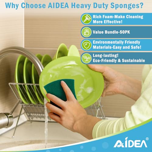 Image of AIDEA Sponges Kitchen, 50 Pack Heavy Duty Dish Sponge, Cleaning Dish Scrubber Sponge for Home and Kitchen, Stink-Free Cleaning Supplies for Pots, Pans