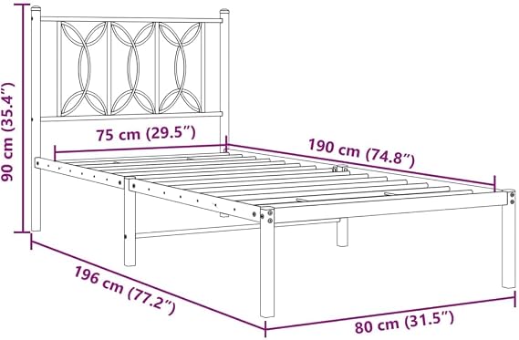Small Single Bed Frame 75x190 cm in Black Steel with Headboard and Metal Slats, Space-Saving Under-Bed Storage, Sturdy 196 x 80 x 90 cm for Kids Loft Bedroom Guest Room