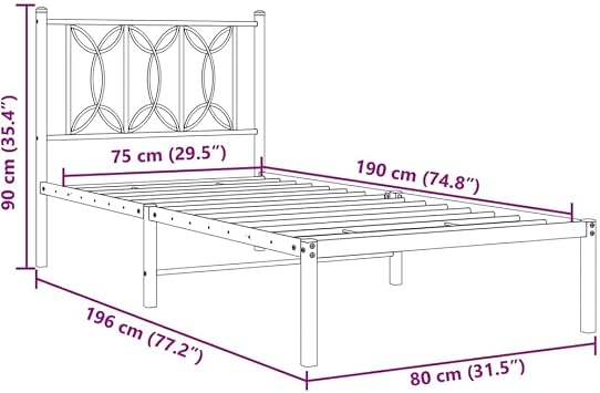 Small Single Bed Frame 75x190 cm in Black Steel with Headboard and Metal Slats, Space-Saving Under-Bed Storage, Sturdy 196 x 80 x 90 cm for Kids Loft Bedroom Guest Room