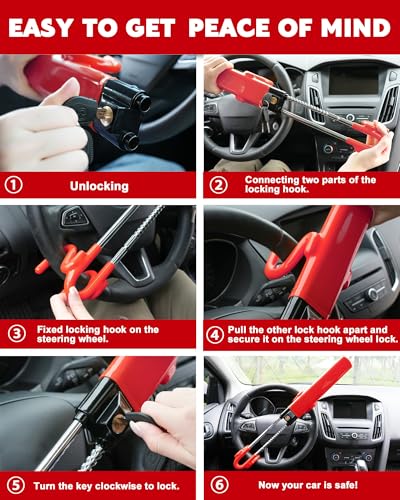 Image of Tevlaphee Steering Wheel Lock Anti-Theft Car Device Heavy Duty Security Car Lock Antitheft Locking Devices Great Deterrent Adjustable Car Wheel Lock Anti Theft for Vehicle Truck SUV with 3 Keys (Red)