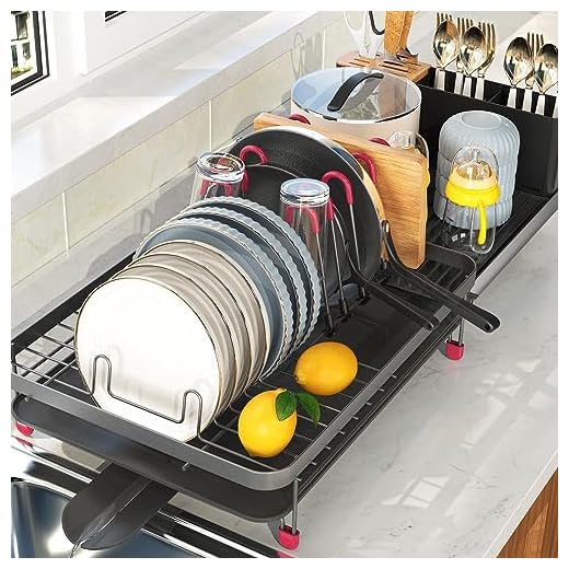 TOOLF Expandable Dish Drying Rack, Large Capacity Dish Drainer with Drainboard, Dish Rack for Kitchen, Anti-Rust Plate Rack with Glass Holder and Utensil Holder.