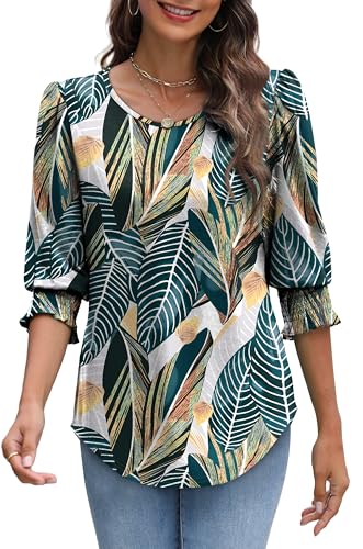 Image of XIEERDUO Blouses for Women Dressy Casual 3 /4 Length Sleeve Womens Tops with Smocked Cuffs
