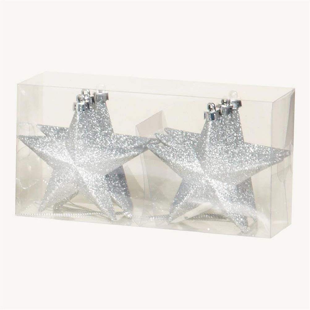 Uwant Fashion Christmas Tree Decoration 6 Pack 100mm Shatterproof Glitter Stars - silver tone