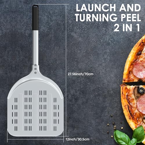 Image of Pizza Peel - 12'' Aluminum Perforated Launch Placement Retrieving Peel - Metal Hanging Hook - Lightweight Turning Peel - Non-stick Pizza Paddle - Outdoor Pizza Oven Accessories