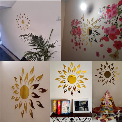 Image of Bikri Kendra - Sun Flame with 20BUTTERFLY Golden- 3D Acrylic Decorative Mirror Murals Wall Stickers