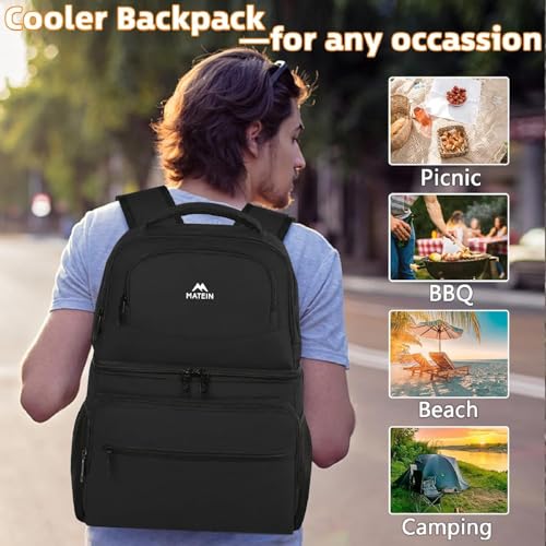 Image of MATEIN Cooler Backpack, 26 Cans Insulated Lunch Backpack for Men Women, Leakproof Double Layer Lunch Cooler Bag Lightweight Soft Lunch Backpack with Cooler Compartment, Beach Camping Hiking Beer Gifts