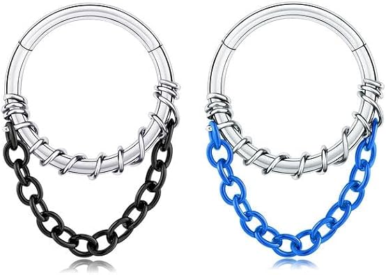 2PCS Stainless Steel 16G Septum Clicker Dangle Hinged Segment Ring with Chain Wire Wrapped Septum Clicker Daith Cartilage Heilx Earrings Nose Ring Hoop Septum Piercing Jewelry 5/16" 3/8"