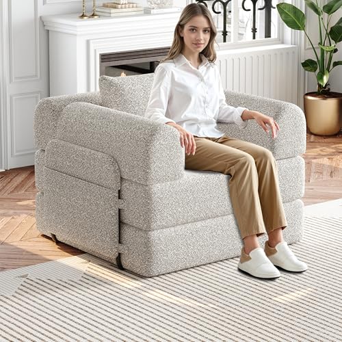 HaoChrymec Sofá Cama de Chenilla con Almacenamiento en el Brazo y Estructura Metálica, Diseño 2 en 1, Sillón Convertible, para Salón y Dormitorio, Caqui, 1 Plaza