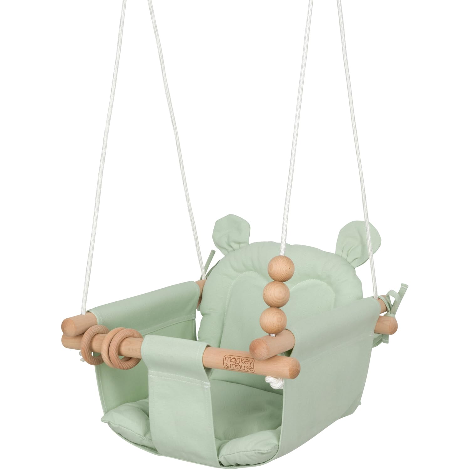 Monkey &amp; Mouse Baby Swing, Pale Green Indoor Outdoor Portable Hanging Chair, Infant &amp; Toddler Kids 12 Months - 4 Years, Cotton Canvas &amp; Beech Wood Frame, Sensory Hammock Boy &amp; Girl Seat w/Wooden Toys