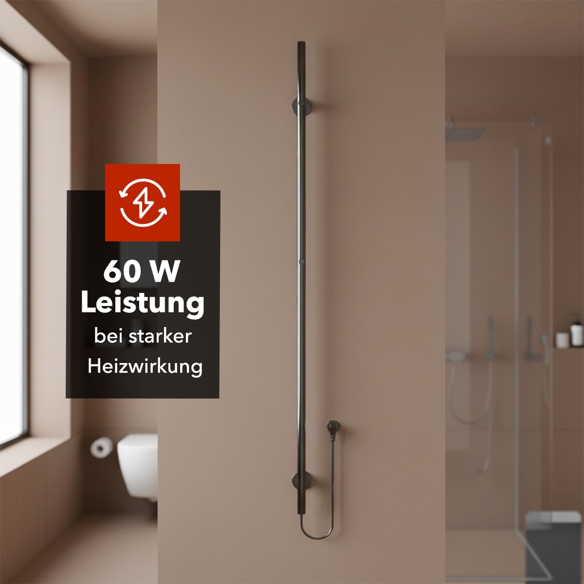 Belvit elektrischer Handtuchtrockner einzeln, Handtuchwärmer elektrisch mit 2 Heizstufen 45/60 °C, Timer 45/90 Min., 60 W, Aluminium, 2 Haken, Wandmontage mit Stecker – Grau Gebürstet