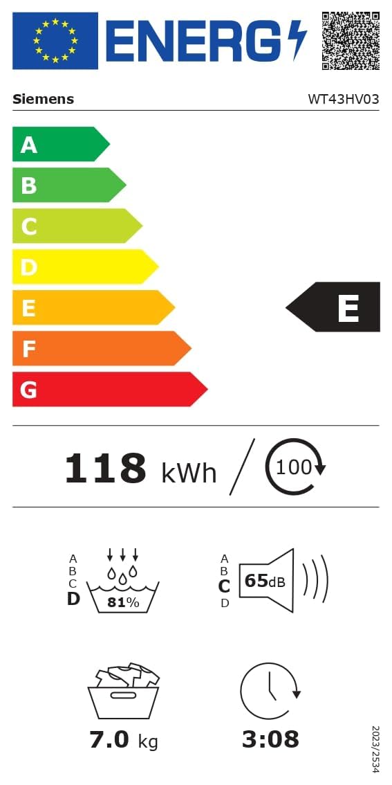 Siemens WT43HV03 Wärmepumpentrockner für 7 kg Wäsche, iQ300, 212 kWh pro Jahr, autoDry, Outdoor-Programm, Weiß