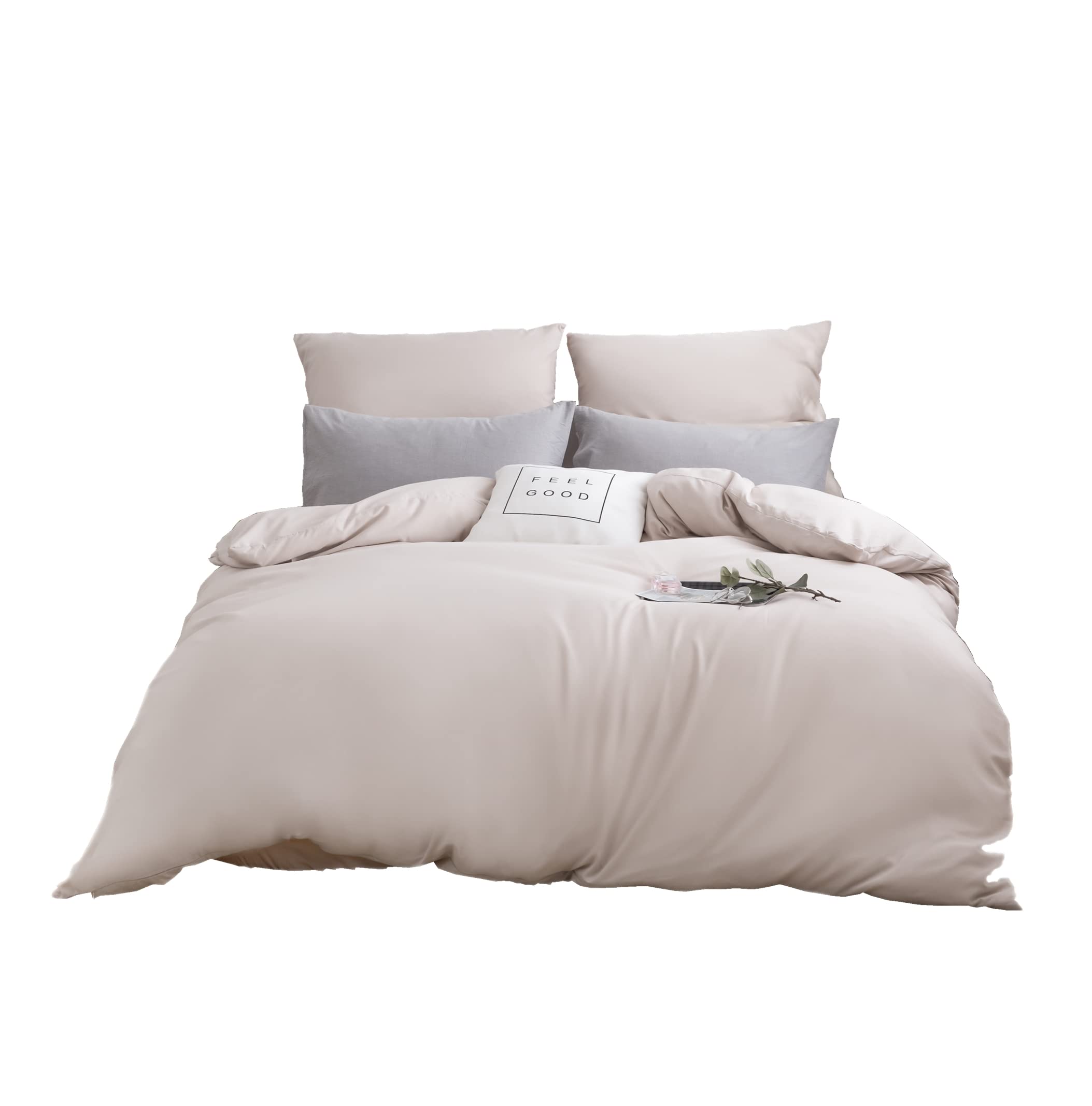 MOHAP Housse de Couette 220x240cm+2 Taies d'oreillers 65x65cm Beige Parure de Lit Adulte 2 Personnes 100 Fils/cm² en Microfibre avec Fermeture Éclair