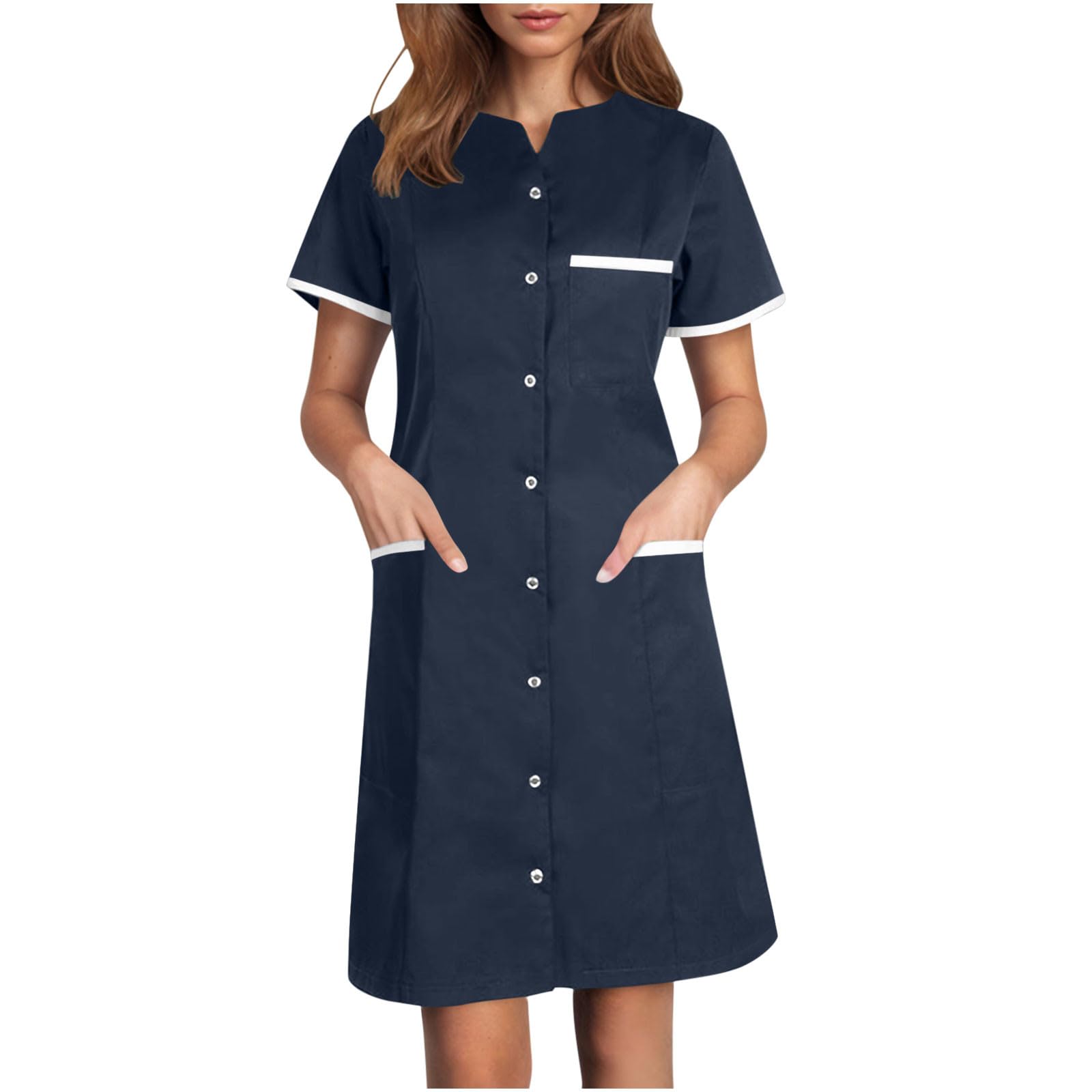 2025 Women Housekeeping Dresses with Pockets Button Front Nursing Workwear Loose Comfy Scrubs Dress Working Uniform