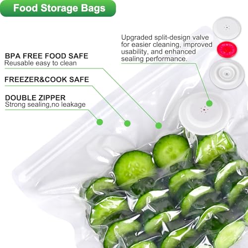 Image of Higfra Sous Vide Bags 30 Pcs & 2 Seal Clips, Upgraded Valve Reusable BPA Free Vacuum Sealer Bags Vacuum Food Storage Bags for Cooking, Food Storage, Microwave Heating