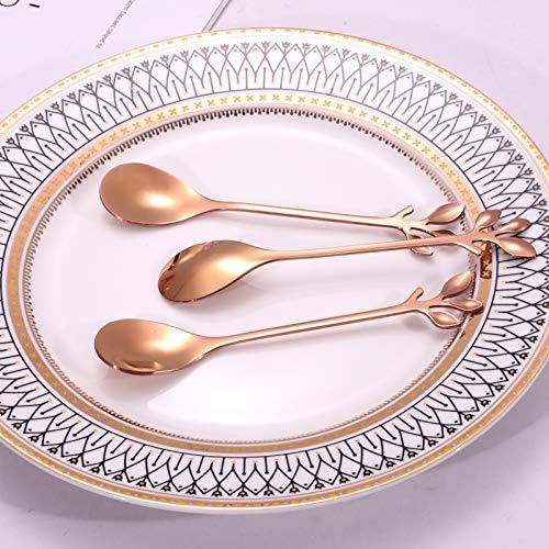 Miniatura 4 de AnSaw Elegantes cucharas de café con hojas de oro rosa, 10 piezas, 4.7 pulgadas, mini cucharas de café expreso y postre de acero inoxidable,
