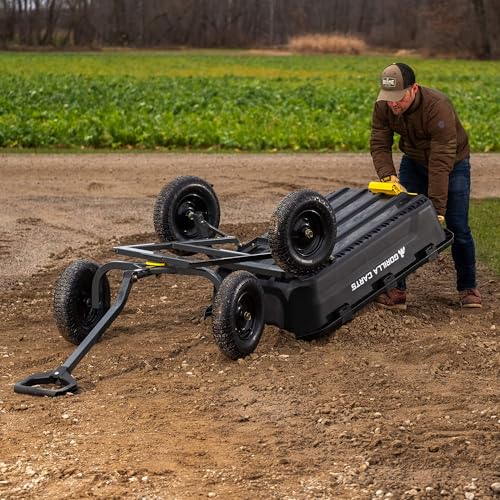 Gorilla Carts Heavy-Duty Poly Yard Dump Cart, 12 Cu Ft Tub, 1600 lb Haul Capacity, Black – Towable Utility Wagon with Quick-Release Dumping & Pneumatic Tires for Landscaping and Gardening