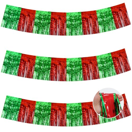 Image of BEISHIDA 3 Pack Red Green Foil Fringe Garland 30ft Wall Tinsel Banner
