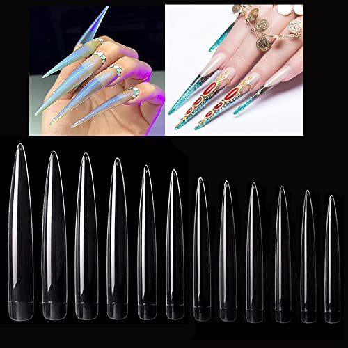 Mwoot 120 Piezas Extra Largas Puntas de Uñas Postizas de Stiletto, Francesa Uñas Falsas Estilo Acrílico Fake Nails Tips para salones de uñas y DIY, 12 Tamaños (Transparente)