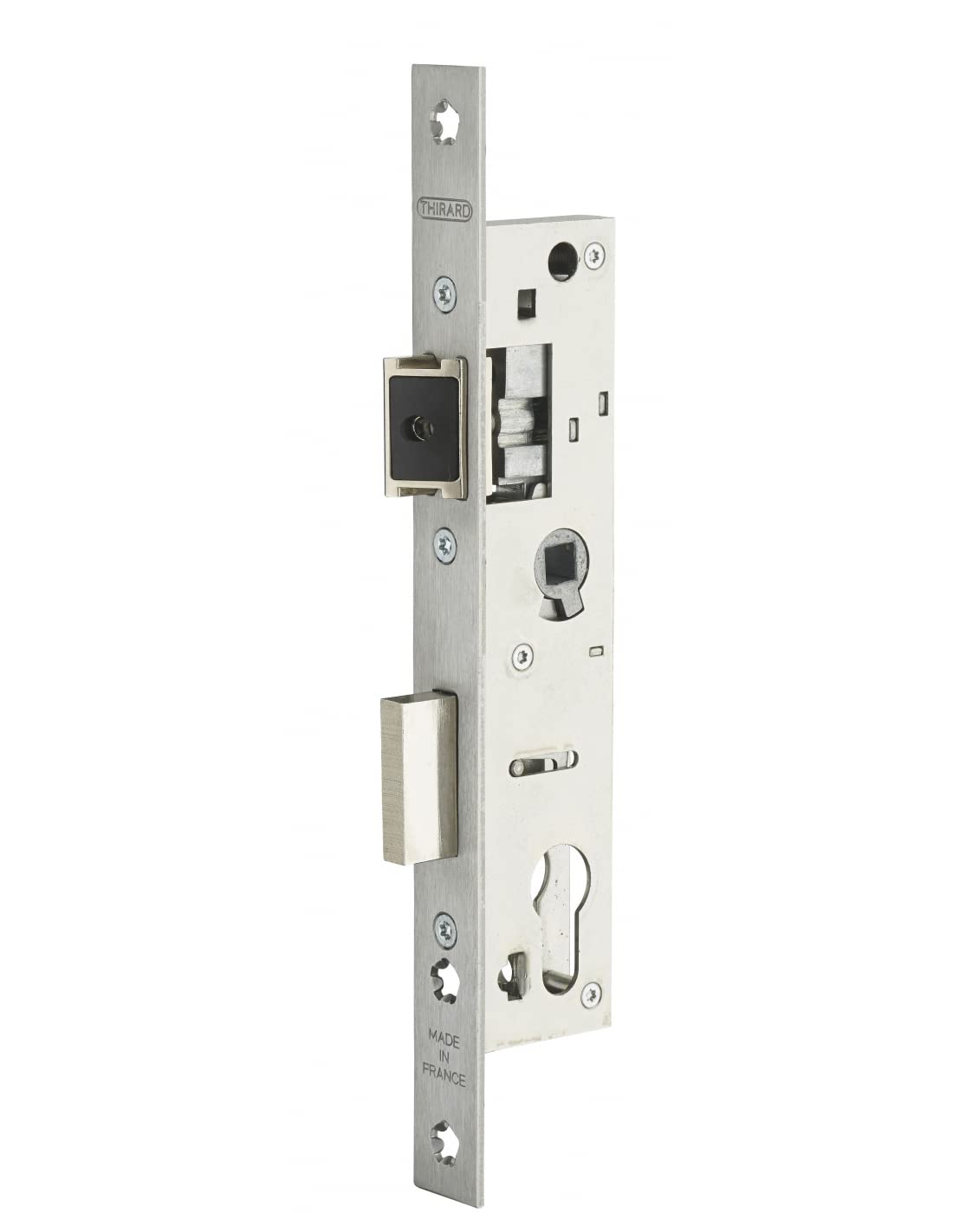 THIRARD - Boîtier de Serrure Encastrable à Cylindre pour Menuiserie Métallique - Axe 24 mm - Entr’axe 70 - Bouts Carrés - Inox - Têtière Inox - Demi-Tour Réversible - Sécurité Optimale - Gris