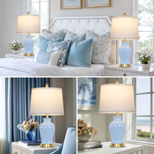 23" Modern Blue Ceramic Table Lamps Set of 2, Coastal Ceramic Lamps for Living Room, Classic Bedside Lamp with Ginger Jar Design, Elegant Bedroom Lamp for Night stand Desk Side End Table Home Decor - Image 6