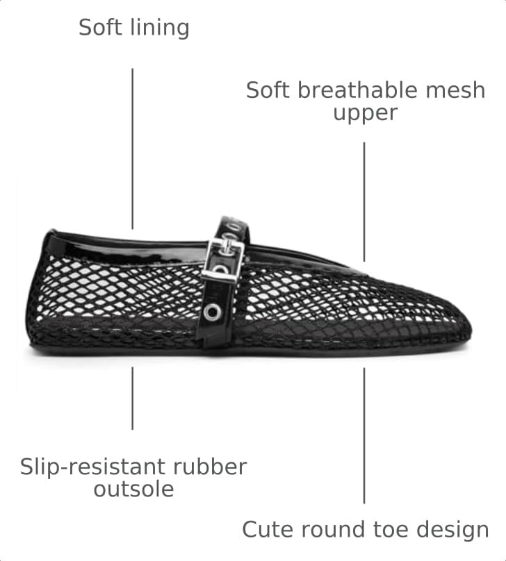 Image of Coutgo Womens Mesh Ballet Flats Mary Jane Fishnet Ballerina Buckle Strap Comfortable Causal Dress Shoes