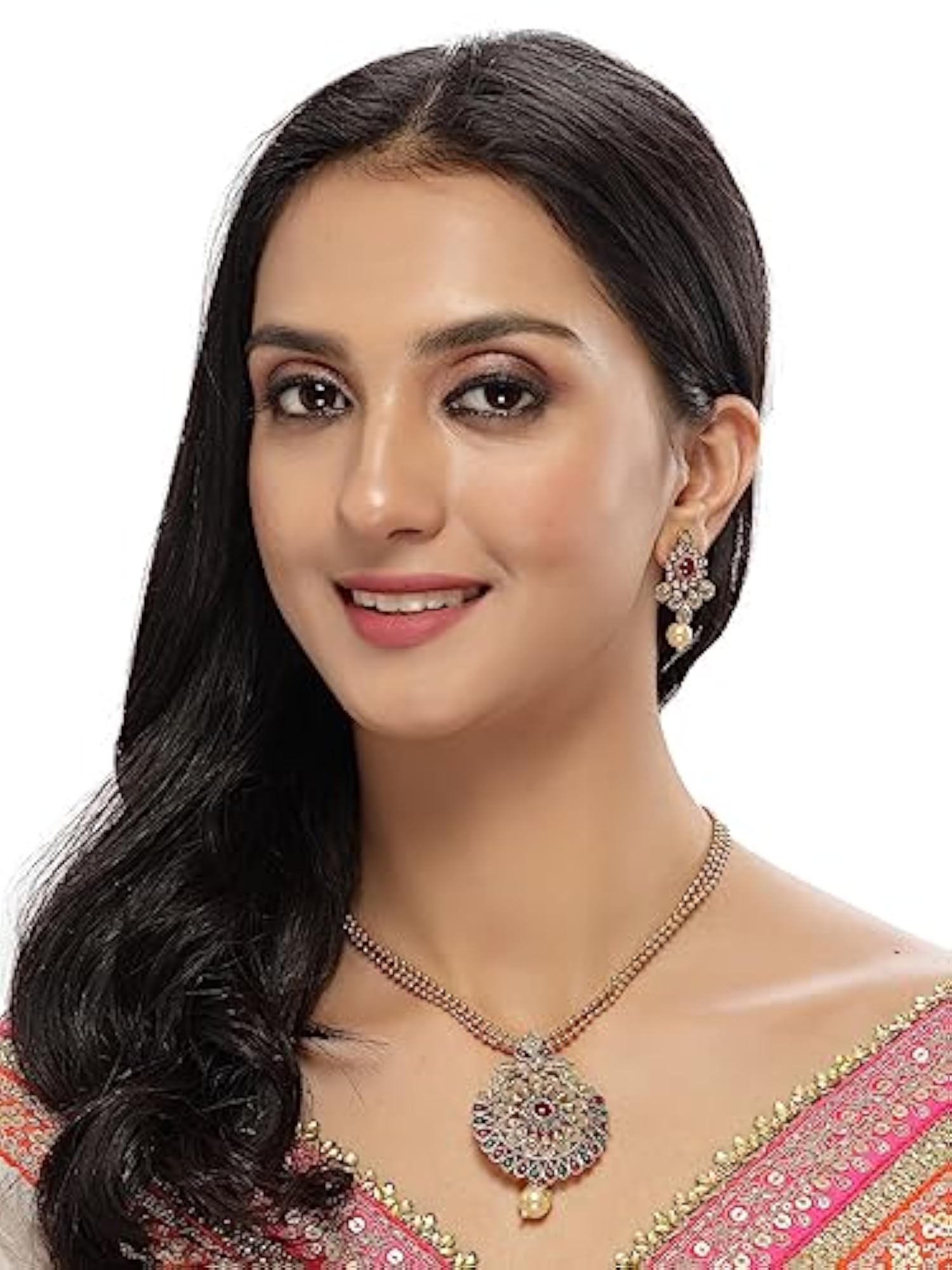 Green Red Stone Multistring Long Necklace Set And Earring