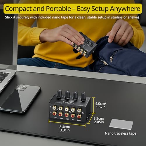 Image of PROZOR 4-Channel Stereo Audio Mixer, RCA Input with Independent Volume Controls, Metal Housing, Ultra Low Noise, for TV /PC Mixing, Home Studios, DJ Performances - No Power Required, Plug and Play