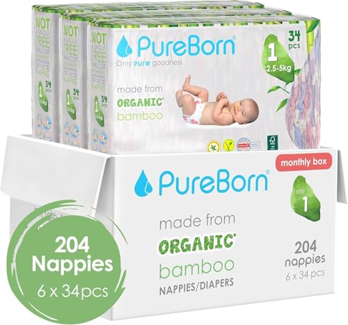 Image of PureBorn Organic Natural Bamboo Baby Disposable Diapers-Size 1 by Fratelli |From 2 To 5 Kg|Assorted Print|Premium Super Soft| Maximum Leakage Protection|Eco Friendly Nappies|New Born Essentials S1-204s