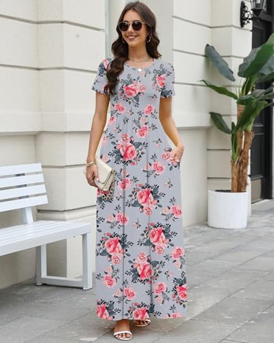 Image of COSSEN Women's Crew Neck Short Sleeve Maxi Dress with Pockets Casual Loose Swing for Wedding Guest Beach Vacation