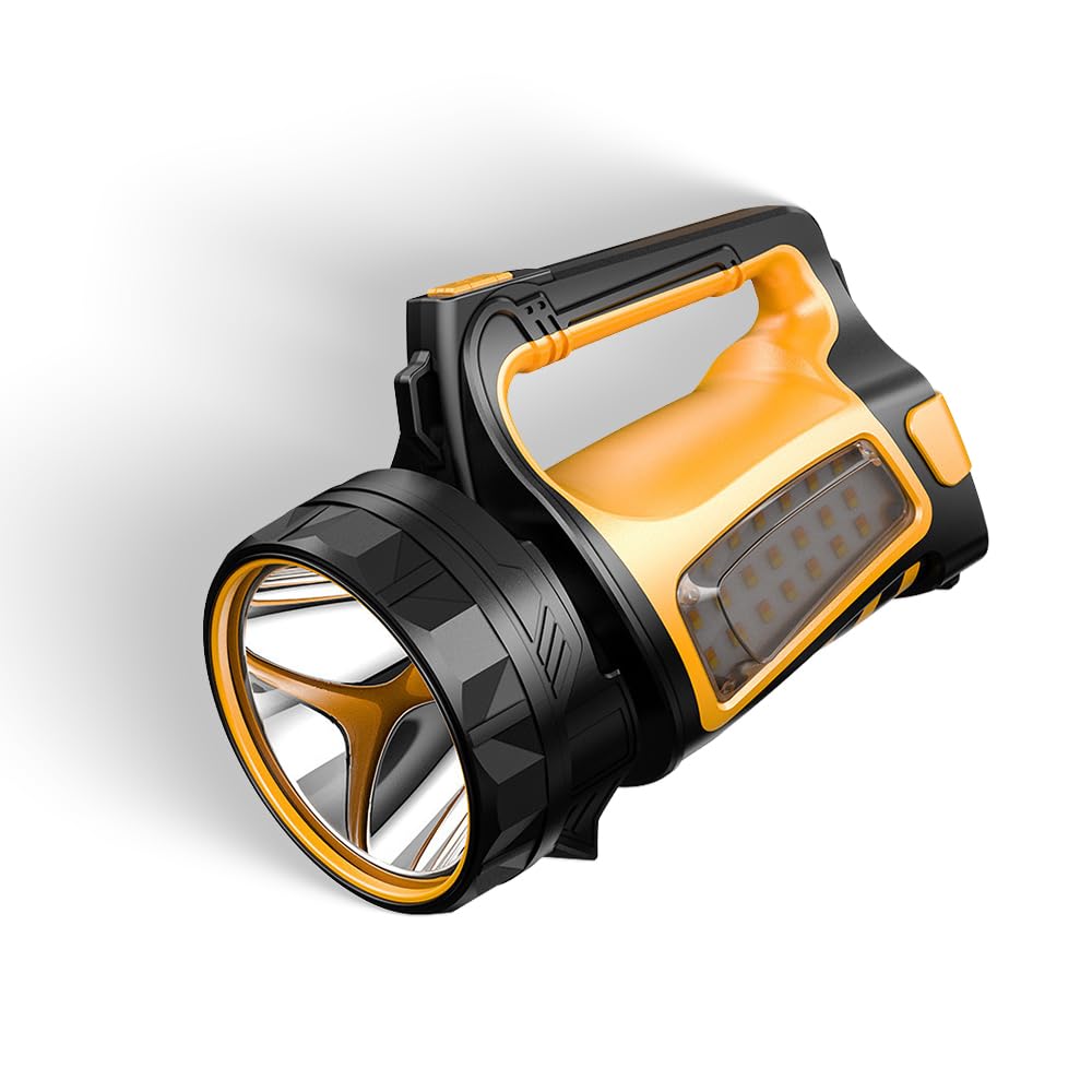 Large Handheld Flashlight, Super Bright Outdoor Spotlight Searchlight, Rechargeable Spotlight Flashlight, With Red, Yellow And Blue Side Lights, Dual Lithium Batteries, Camping Light, Emergency Light