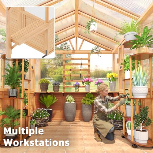 Image of EROMMY 7x11 FT Spruce Wood Greenhouse with Pergola, Walk-in Outdoor Greenhouse Kit with Polycarbonate Panels, Top-Hung Windows, Built-in Workstation & Staging Shelves for Backyard Garden