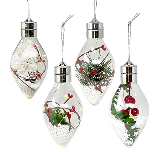 Allgala 4 Pack Twist-On Light Up Chistmas Tree Ball Ornaments With Snow And Variety Of Plants-Oval-Xb93132 #TOP11