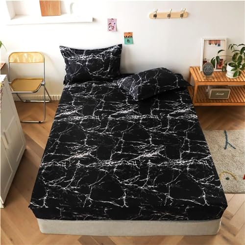 黒 マットレスカバー 大理石 ベッドシーツ、柔らかい通気性マイクロファイバー、深いポケット、ボックスシーツ、通気性・速乾性 着脱簡単 丸洗い可能 寝具セット、シーツ シングル100x200cm + 2 枕カバー43x63 cm