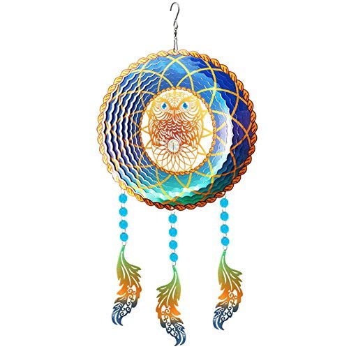 Fonmy Wind Spinner Stainless Steel W/Crystal Beads,3D Suncatcher Dreamcatcher Hanging Ornament Indoor Outdoor Garden Craft10 Dia X 21Inch Height Multi Color Owl Wind Spinners #TOP23
