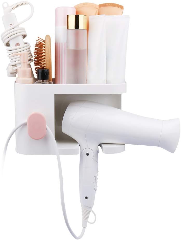AriTan Wall Mounted Hair Dryer Holder Rack, No Drilling Styling Tool Organizer Storage Basket for Bathroom, Give 10 Hooks + 1 Soap Holder